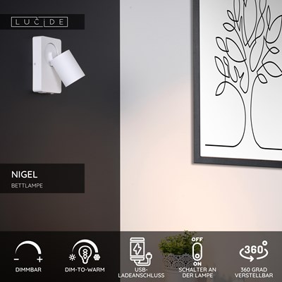 Lucide NIGEL - Bettlampe / Wandleuchte - LED Dim to warm - GU10 - 1x5W 2200K/3000K - Mit USB-Ladepunkt - Weiß